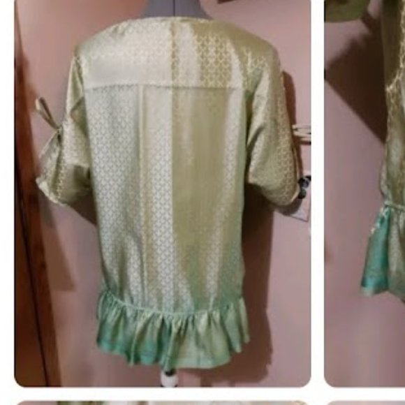 CHARMEUSE Boho Ruffled Blouse XL Mint green Gold Silky print Sexy V-neck Tie sle - Picture 11 of 12